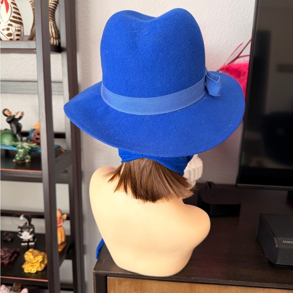Vintage Blue Wool Fedora Hat with Scarf - Picture 4 of 9